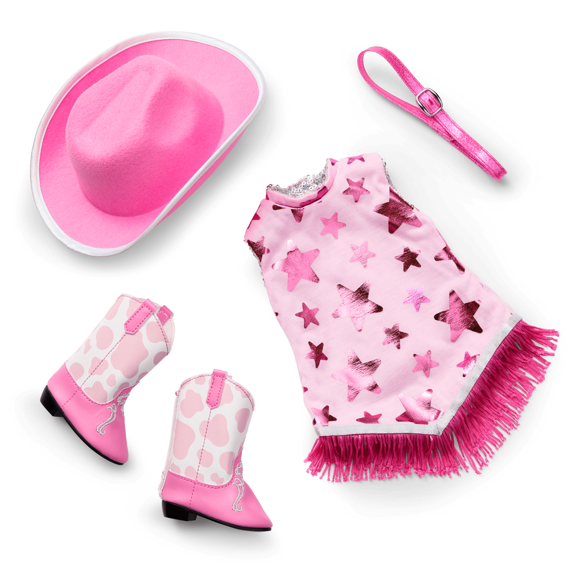 Glam Pink Cowgirl Outfit & Pink Spotted Cow Backpack & Accessory