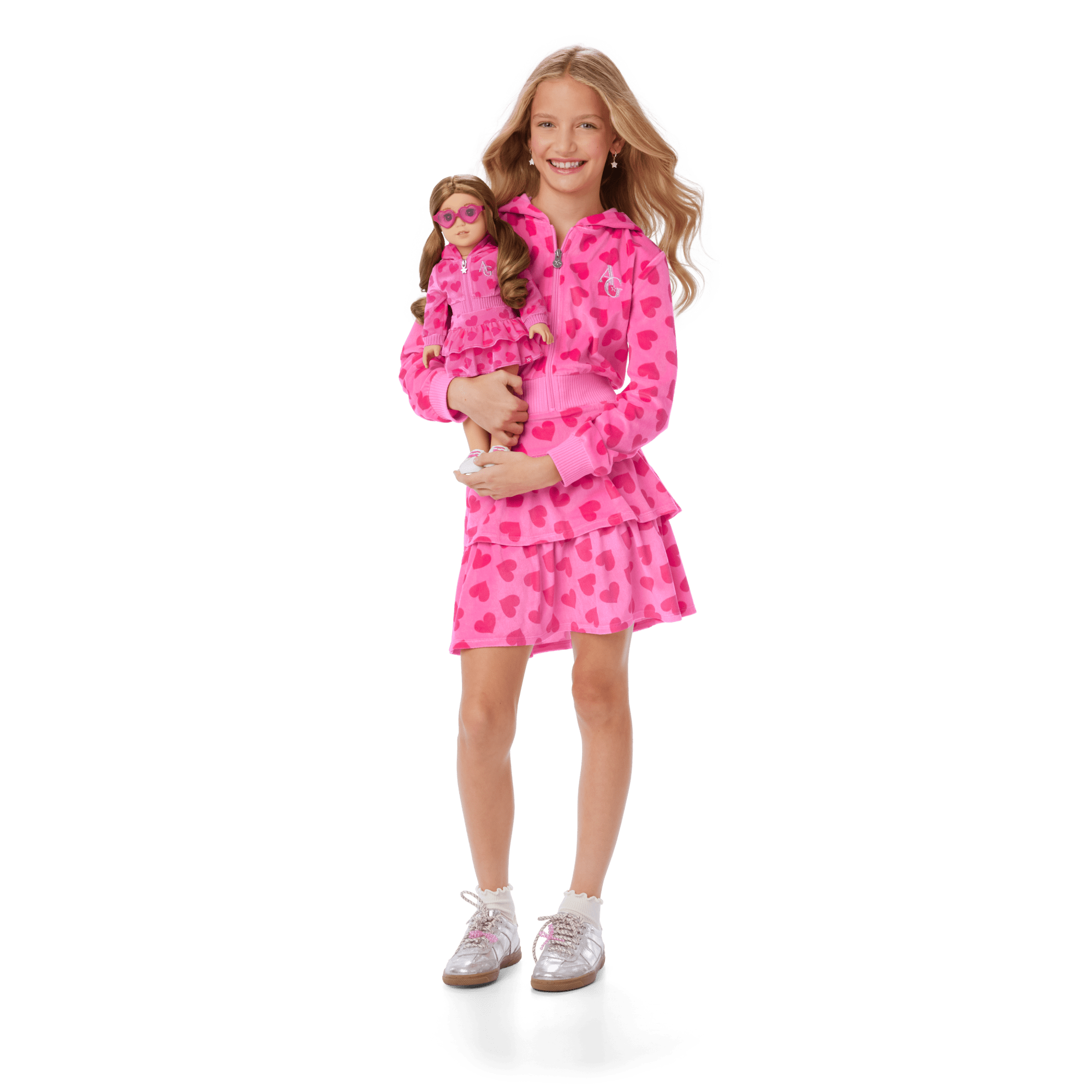 Pink Hearts Hoodie Dress for Girls & 18-inch Dolls